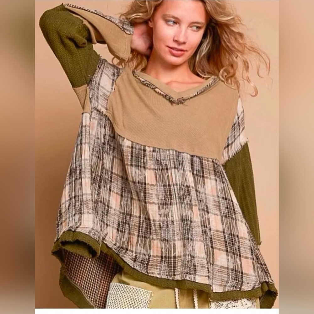 POL Olive and Tan Patchwork Blouse M NWOT
